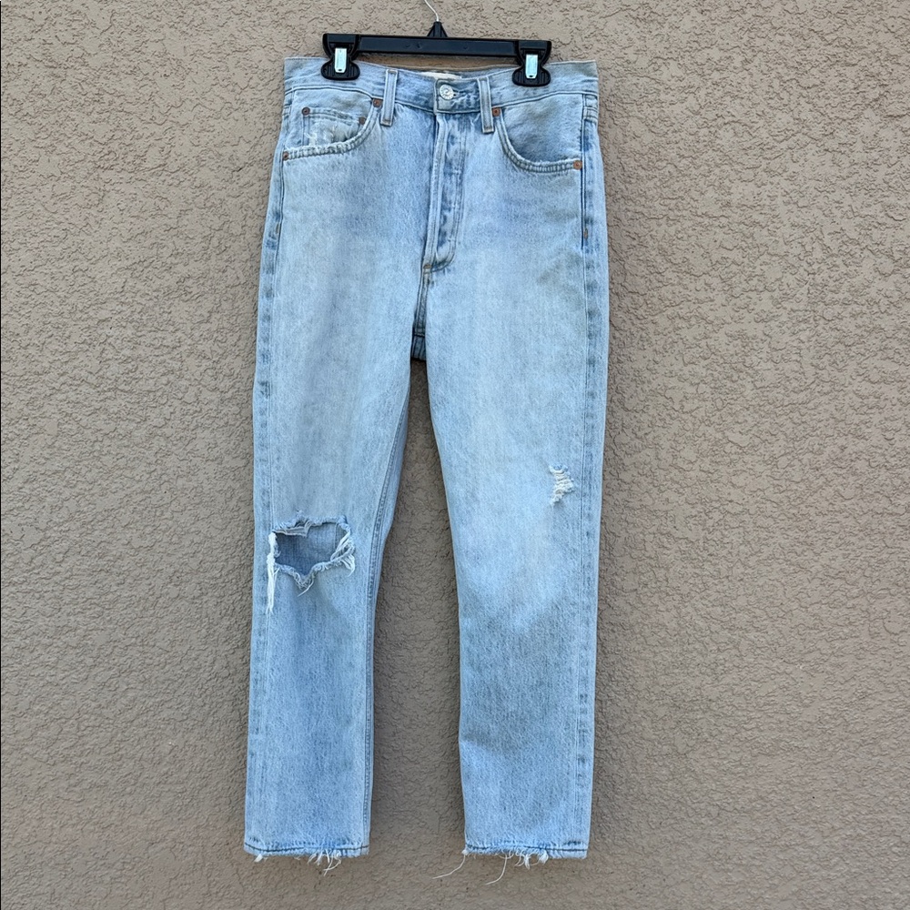 Agolde Light Blue Distressed Straight-Leg Jeans
